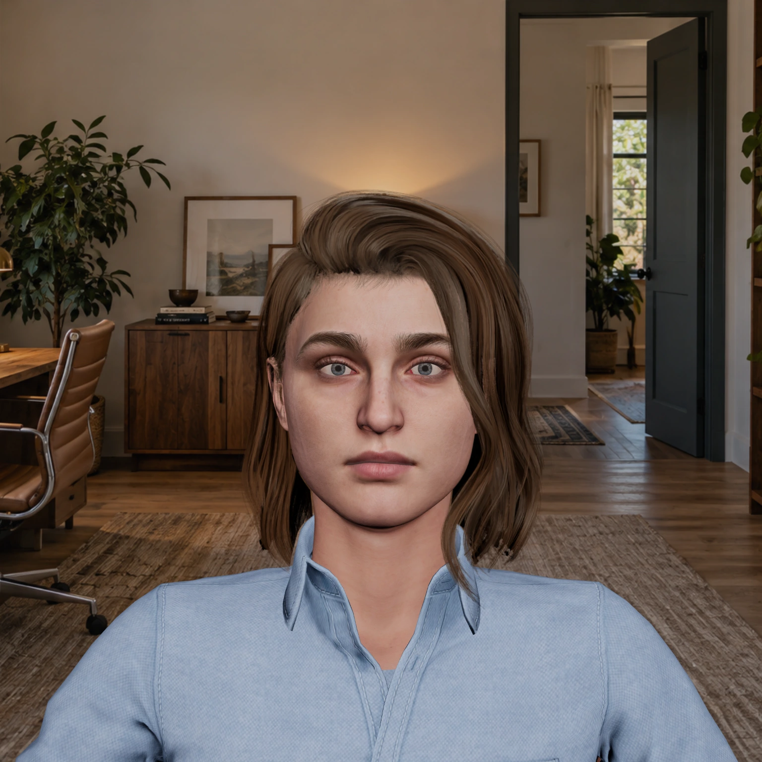 Front rendered review of Tracy wearing a light-blue business-casual shirt with warm-brown side-parted hair in a home-office setting